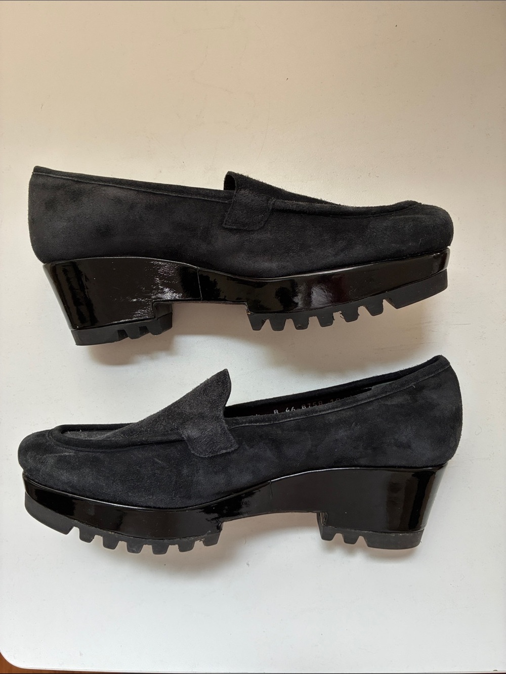 Robert Cleregie black suede and patent leather lug-sole loafers, size 8 1/2